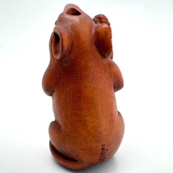 Ojime Bead Netsuke Hand-Carved Wooden Mouse Corn Cob Signed Figurine - Picture 6 of 8